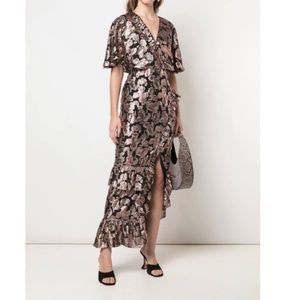 Saloni Metallic Rose Brocade Ruffle Dress